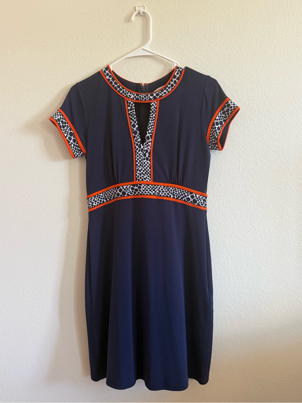 Michael Kors Navy Mini Dress with Orange Trim and Patterned Insets